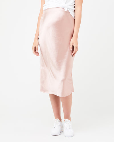 pink satin maternity skirt over the bump