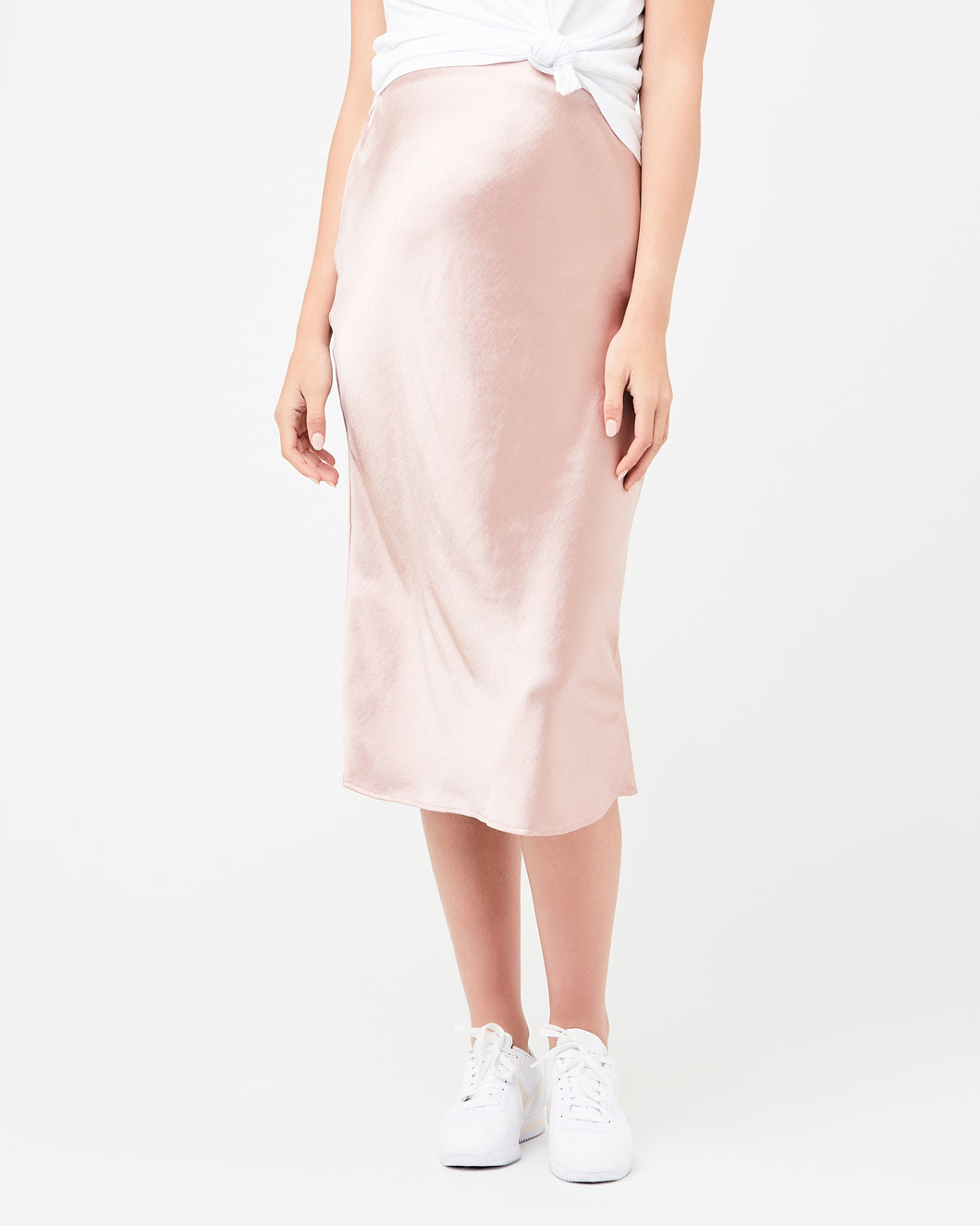 pink satin maternity skirt over the bump